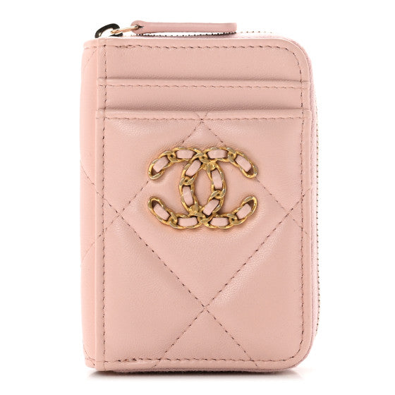 Chanel Lambskin Quilted 19 Vertical Zip Card Holder Wallet Light Pink