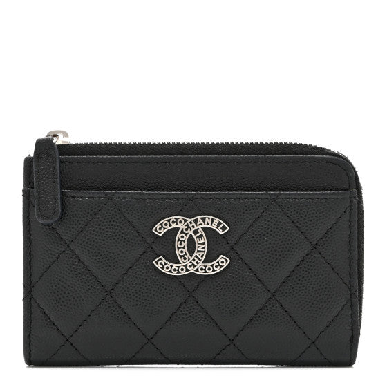 Chanel Caviar Quilted CC Logo Zip Around Card Holder Black