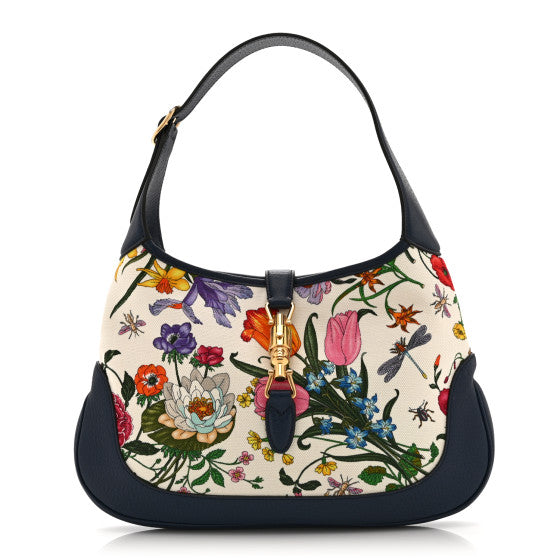 Gucci Canvas Flora Medium Jackie Hobo Blue Agata