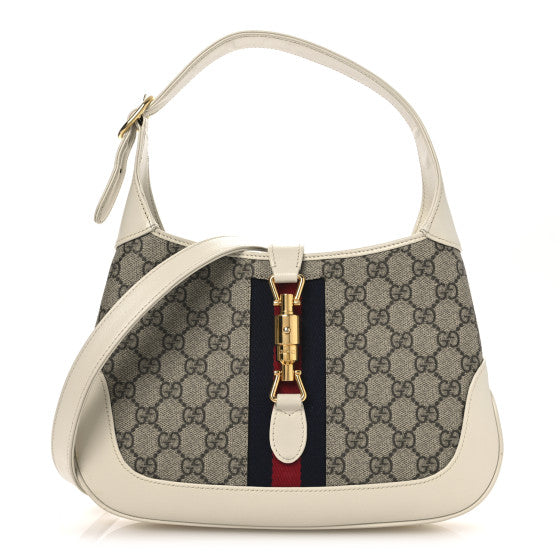 Gucci GG Supreme Monogram Azalea Calfskin Web Small Jackie 1961 Hobo Beige Ebony Mystic White