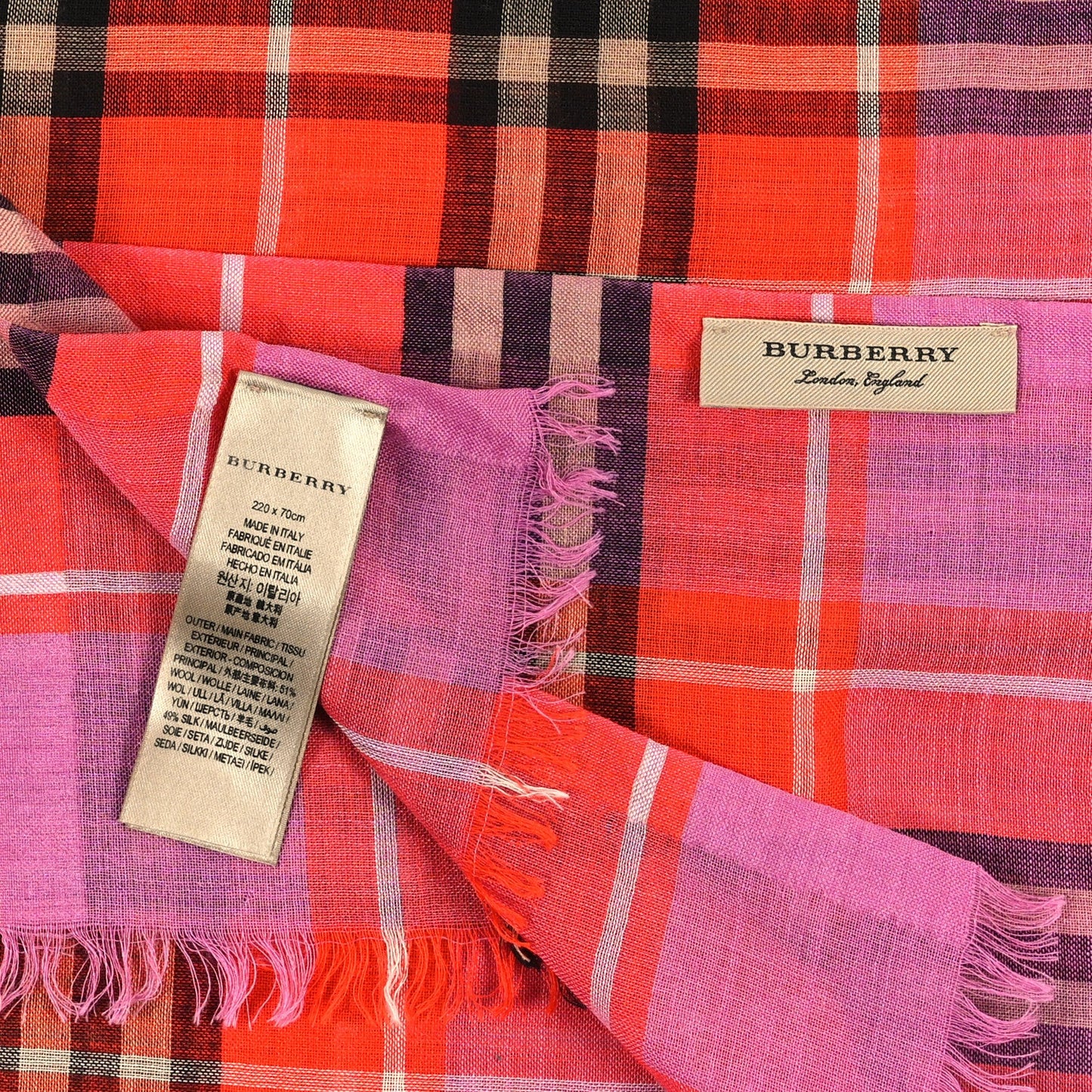 Burberry Wool Silk Gauze Vintage Check Scarf Orange Pink