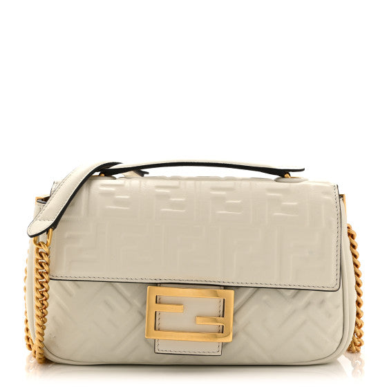 Fendi Nappa Small FF Embossed Midi Chain Baguette White