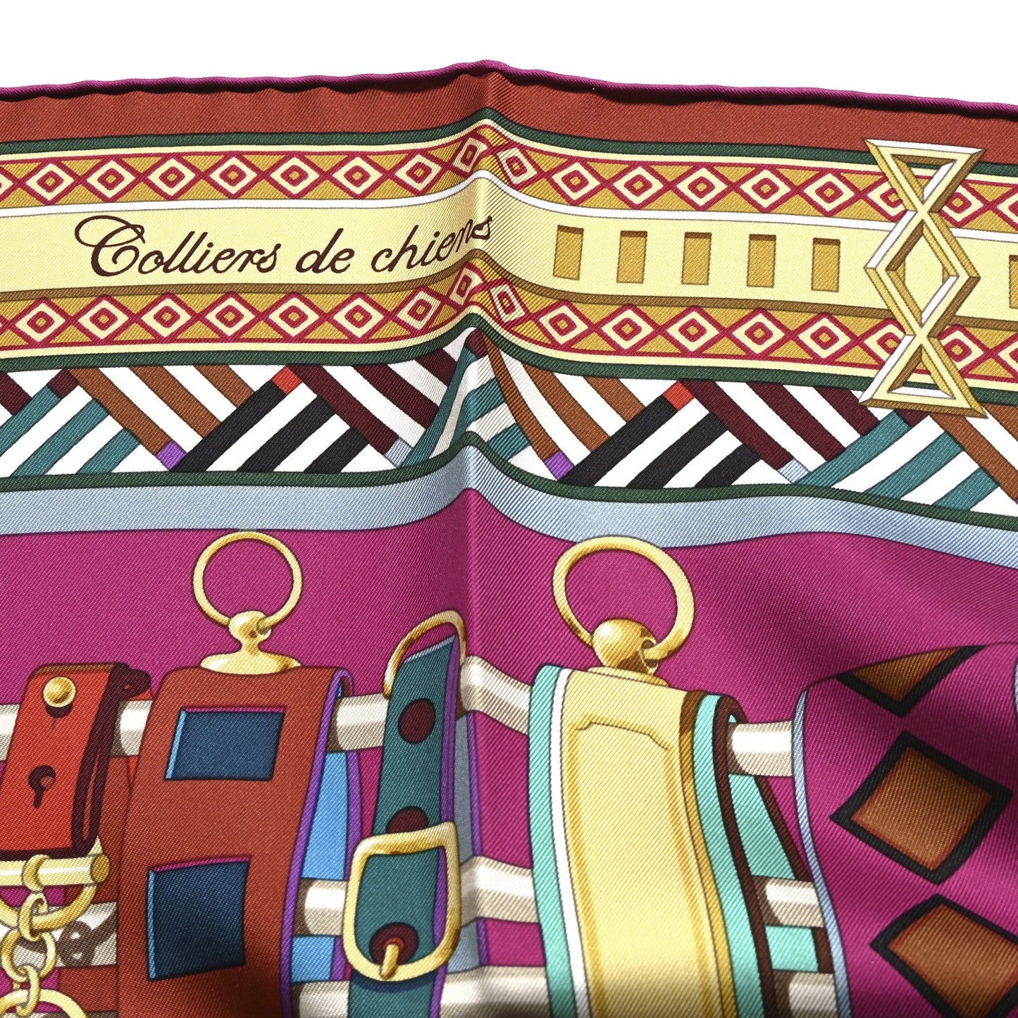 Hermes Silk Colliers de Chiens Scarf 90 Fuchsia Turquoise Grenat