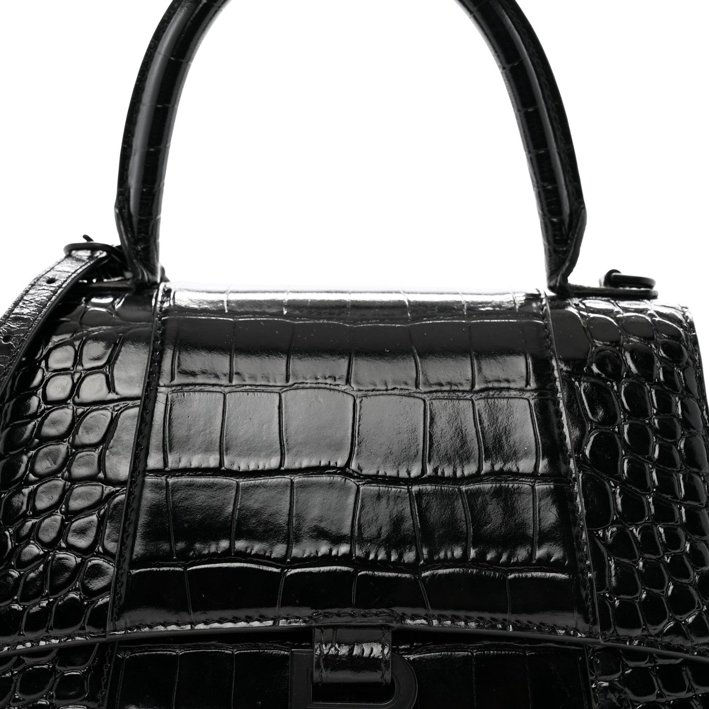 Balenciaga Shiny Calfskin Monochrome Crocodile Embossed Small Hourglass Top Handle Bag Black