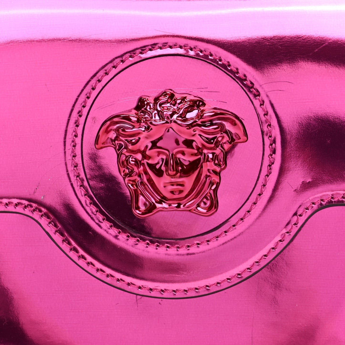 Versace Patent Calfskin Mini La Medusa Chain Top Handle Bag Fuchsia