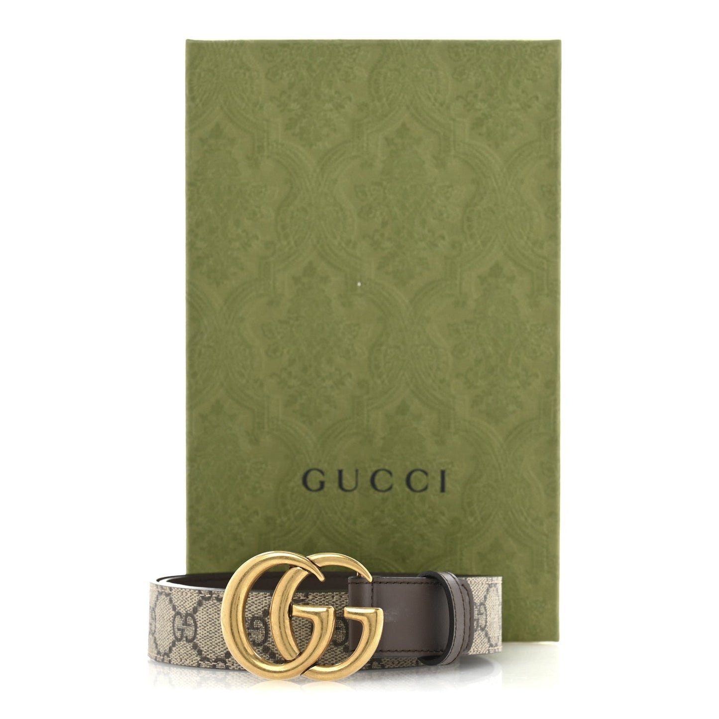 Gucci GG Supreme Monogram Matte Plutone Calfskin Double G 30mm Belt 80 32 Beige Ebony New Acero