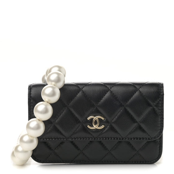 Chanel Calfskin Quilted Maxi Pearls Clutch With Chain Black