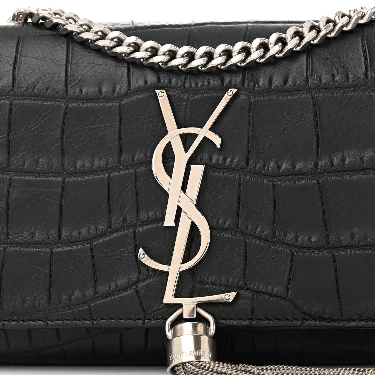 Saint Laurent Calfskin Crocodile Embossed Small Classic Monogram Kate Tassel Satchel Black