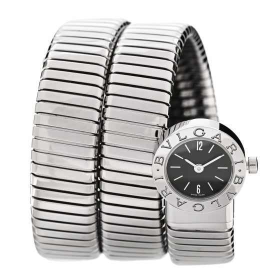 Bvlgari Stainless Steel 19mm Serpenti Tubogas Double Spiral Quartz Watch Black