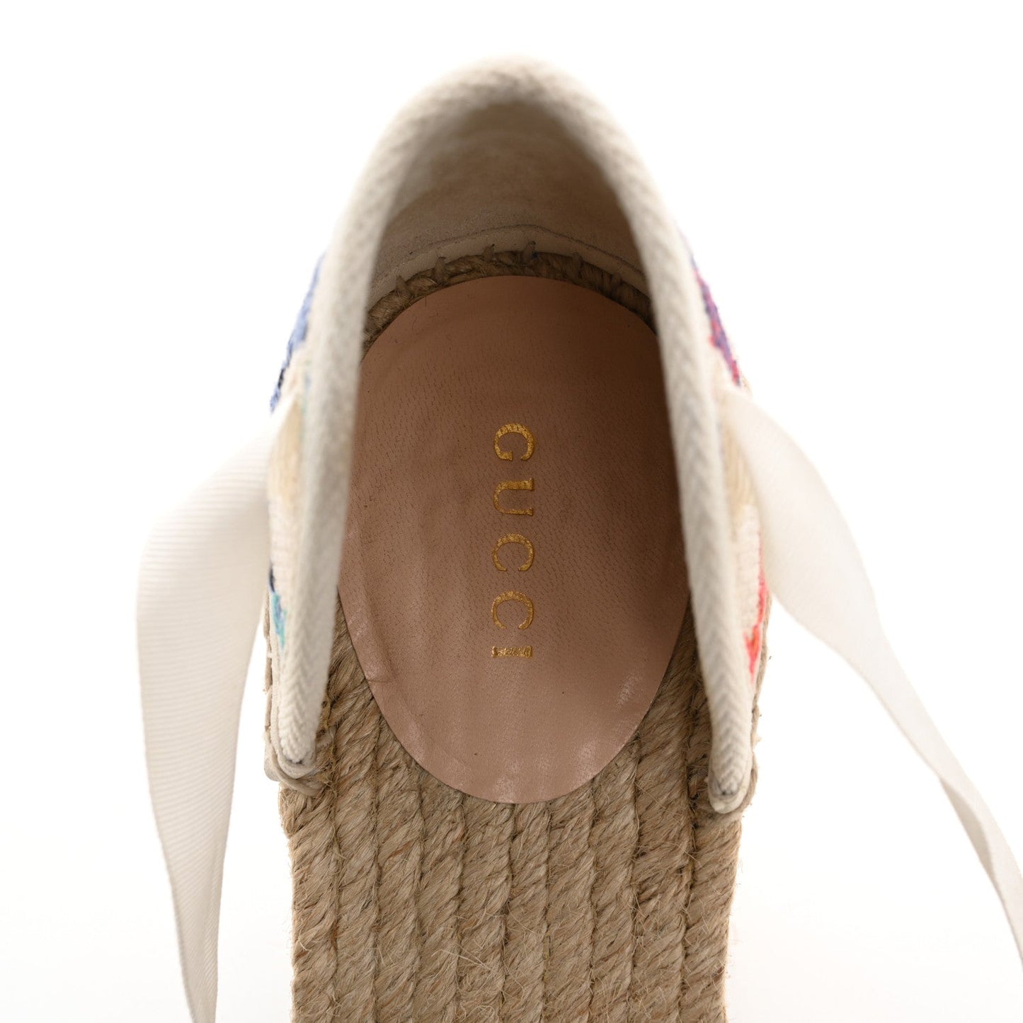 Gucci Linen Psychedelic Mini GG Monogram Ankle Wrap Platform Espadrille Wedge Sandals 39 Multicolor Mystic White