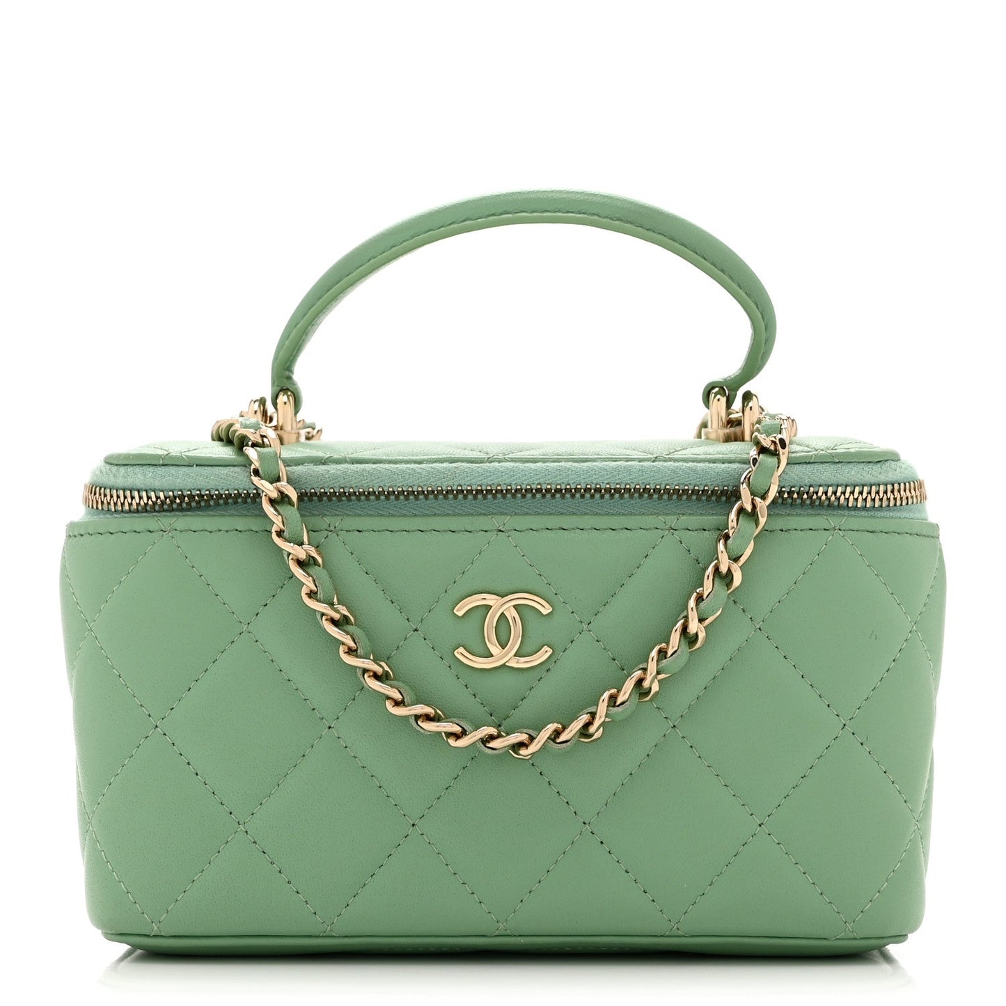 Chanel Lambskin Quilted Small Top Handle Vanity Case With Chain Light Green Light Green
