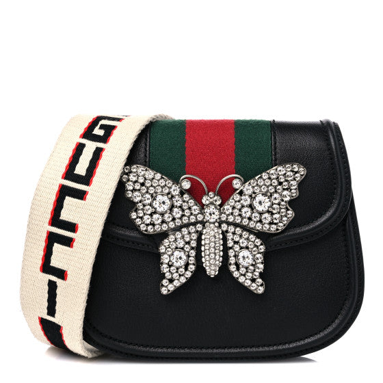 Gucci Calfskin Web Crystal Butterfly Stripe Small Totem Shoulder Bag Black