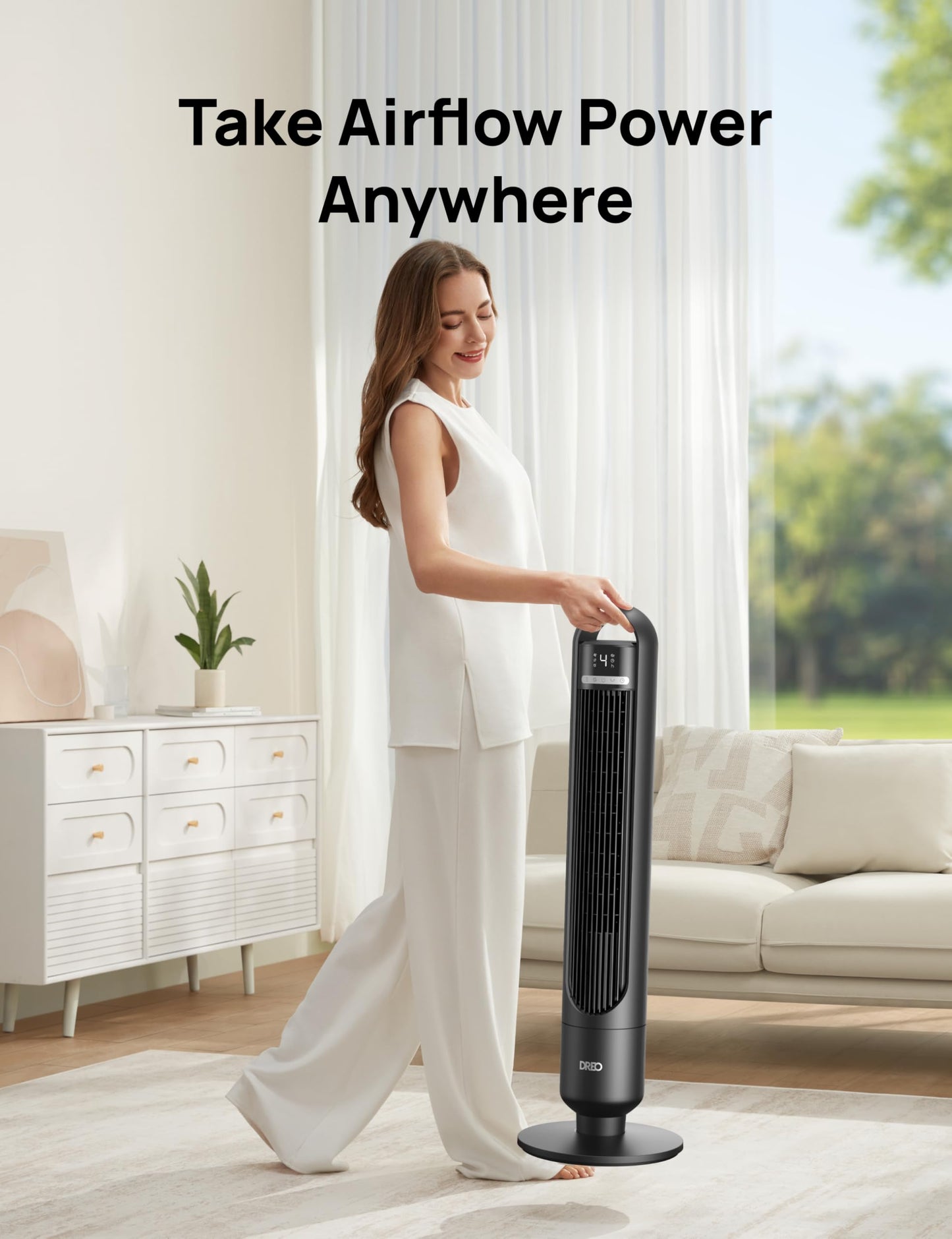 DREO Smart Tower Fan for Bedroom& Home, 26ft/s Powerful Airflow, 33ft Coverage, 1-12H Timer, 4 Speeds, 3 Modes, 28dB Bladeless Fan with App & Voice Control, 90° Oscillating Cooling Fan, LED Display