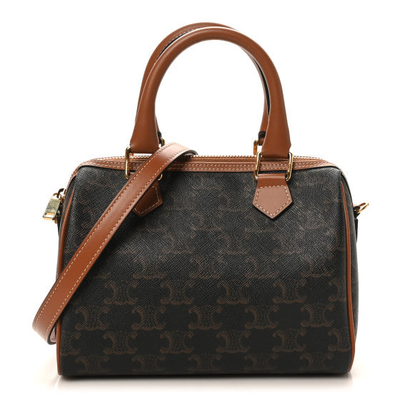 Celine Triomphe Canvas Calfskin Small Boston Bag Tan