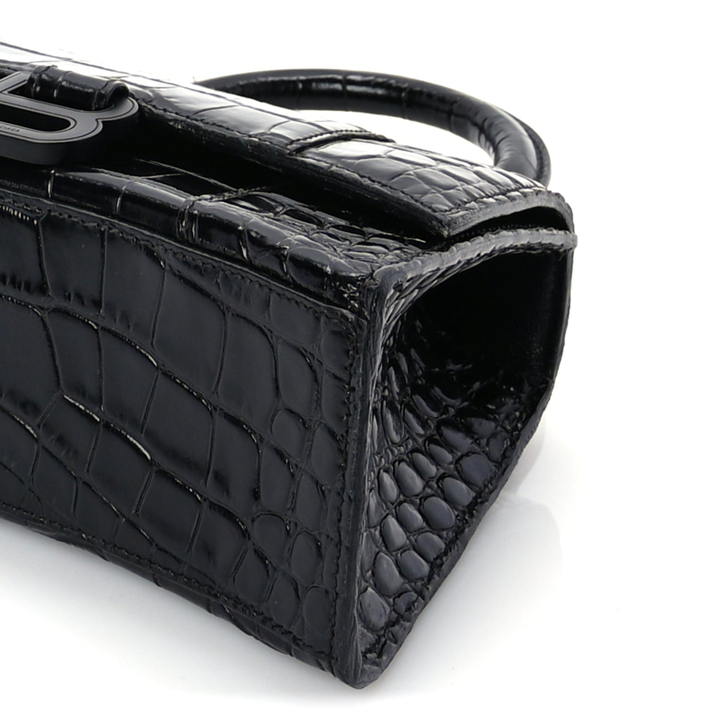 Balenciaga Shiny Calfskin Monochrome Crocodile Embossed Hourglass Top Handle Bag XS Black