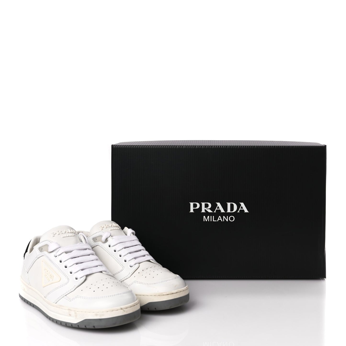 Prada Vitello Sport Spazzolato Rois Rubber Triangle Logo Perforated Womens District Low Top 30mm Sneakers 36.5 White
