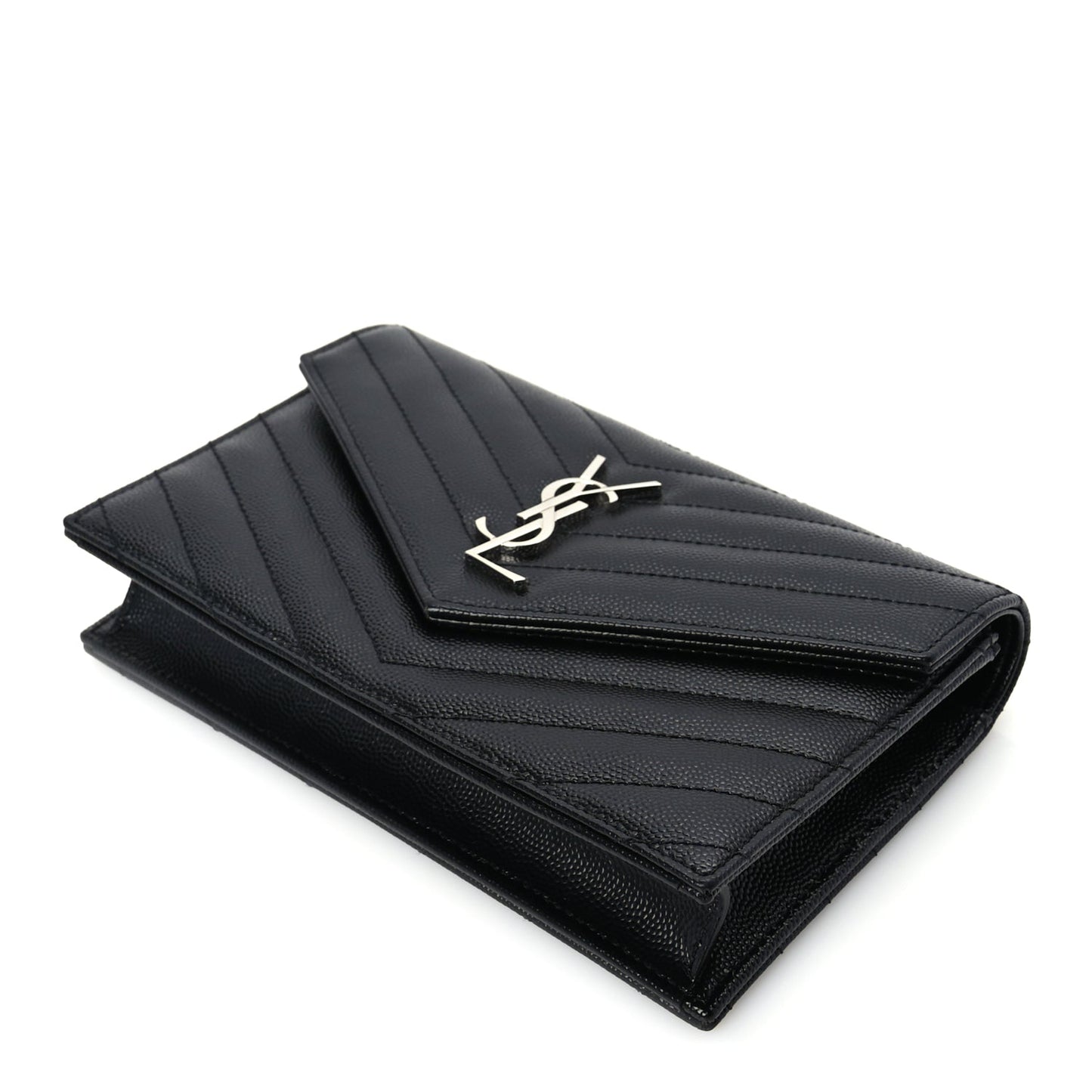 Saint Laurent Grain De Poudre Matelasse Chevron Monogram Envelope Chain Wallet Black