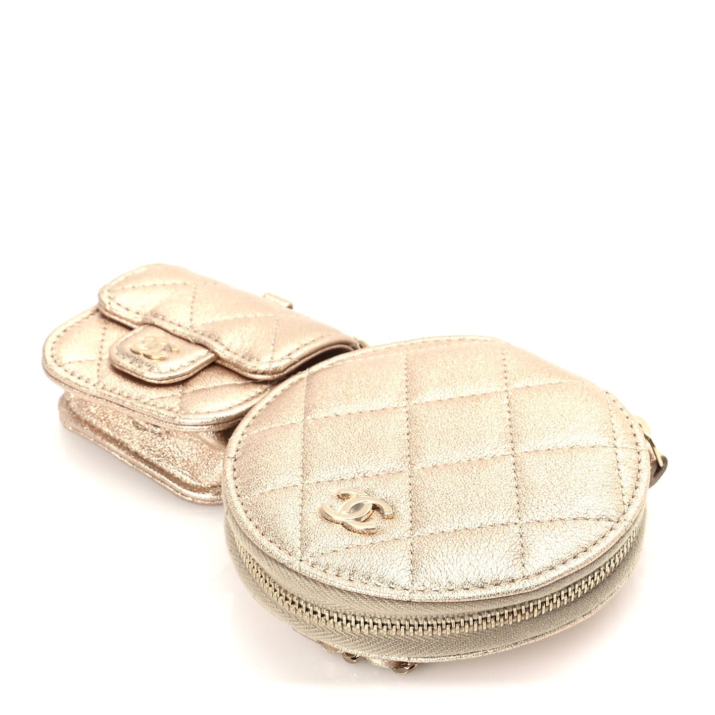 Chanel Metallic Lambskin Quilted Round Clip On Coin Purse Airpods Case Gold