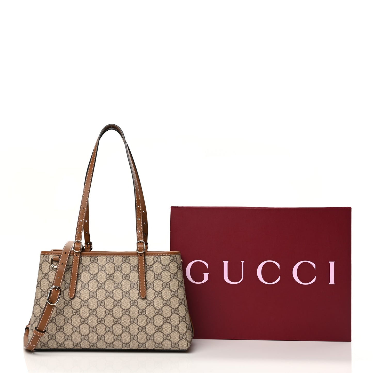 Gucci GG Supreme Monogram Emblem Small Tote Bag Beige Dark Brown
