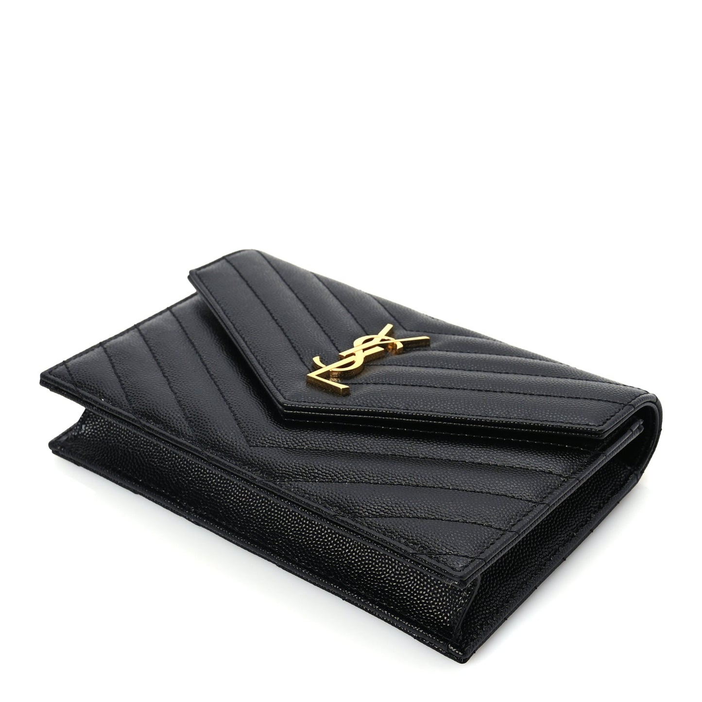 Saint Laurent Grain De Poudre Matelasse Chevron Monogram Envelope Chain Wallet Black