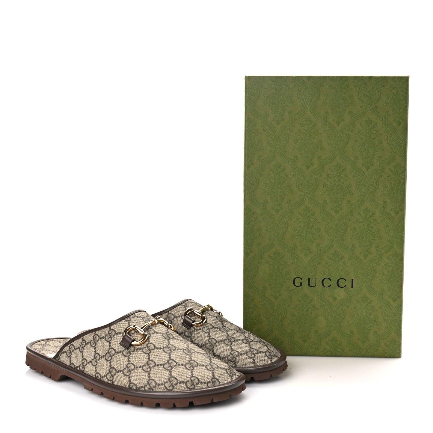 Gucci GG Supreme Monogram Granada Kid Mens Horsebit Lug Sole Mules 9.5 Beige Ebony New Acero