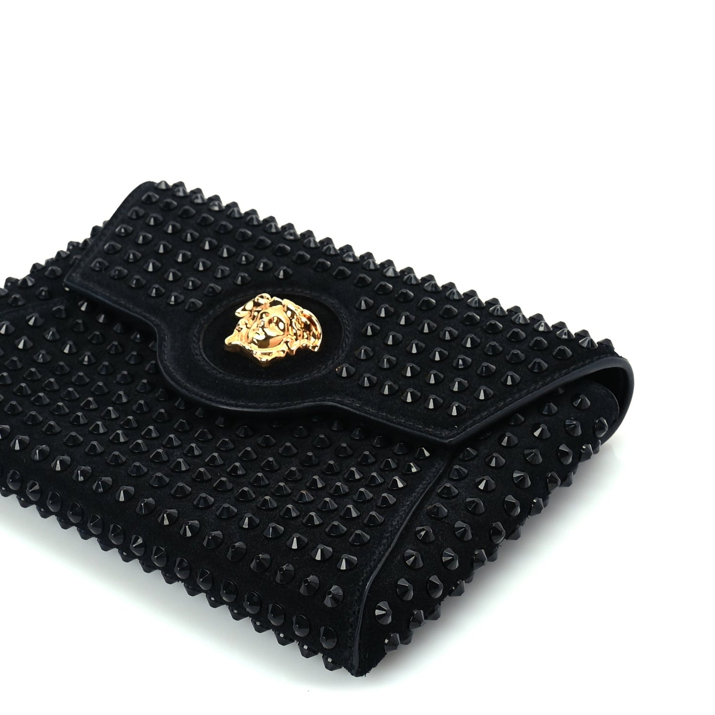 Versace Suede Studded Medusa Chain Clutch Black