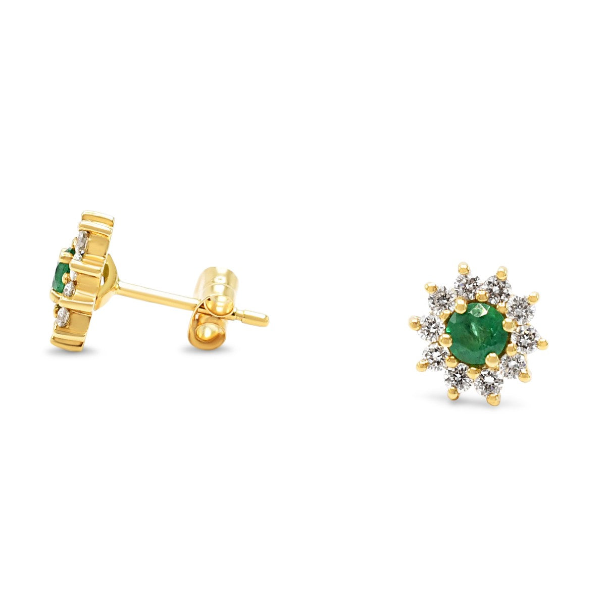 Emerald & Brilliant Cut Diamond Cluster Earrings - 18ct Yellow Gold