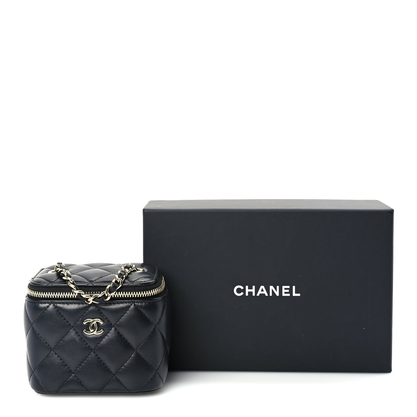 Chanel Lambskin Quilted Mini Vanity Case With Chain Black