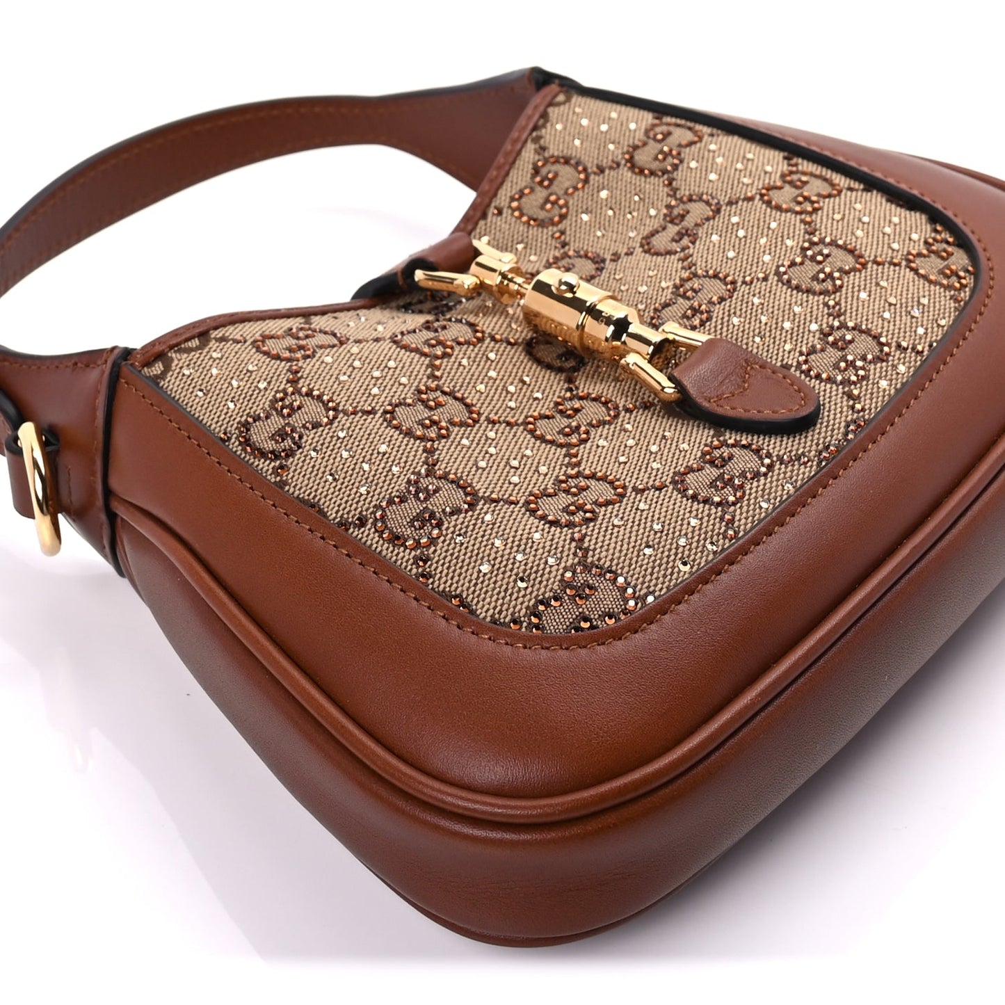 Gucci New Canvas Charisma Calfskin Crystal GG Monogram Mini Jackie 1961 Hobo Camel Ebony