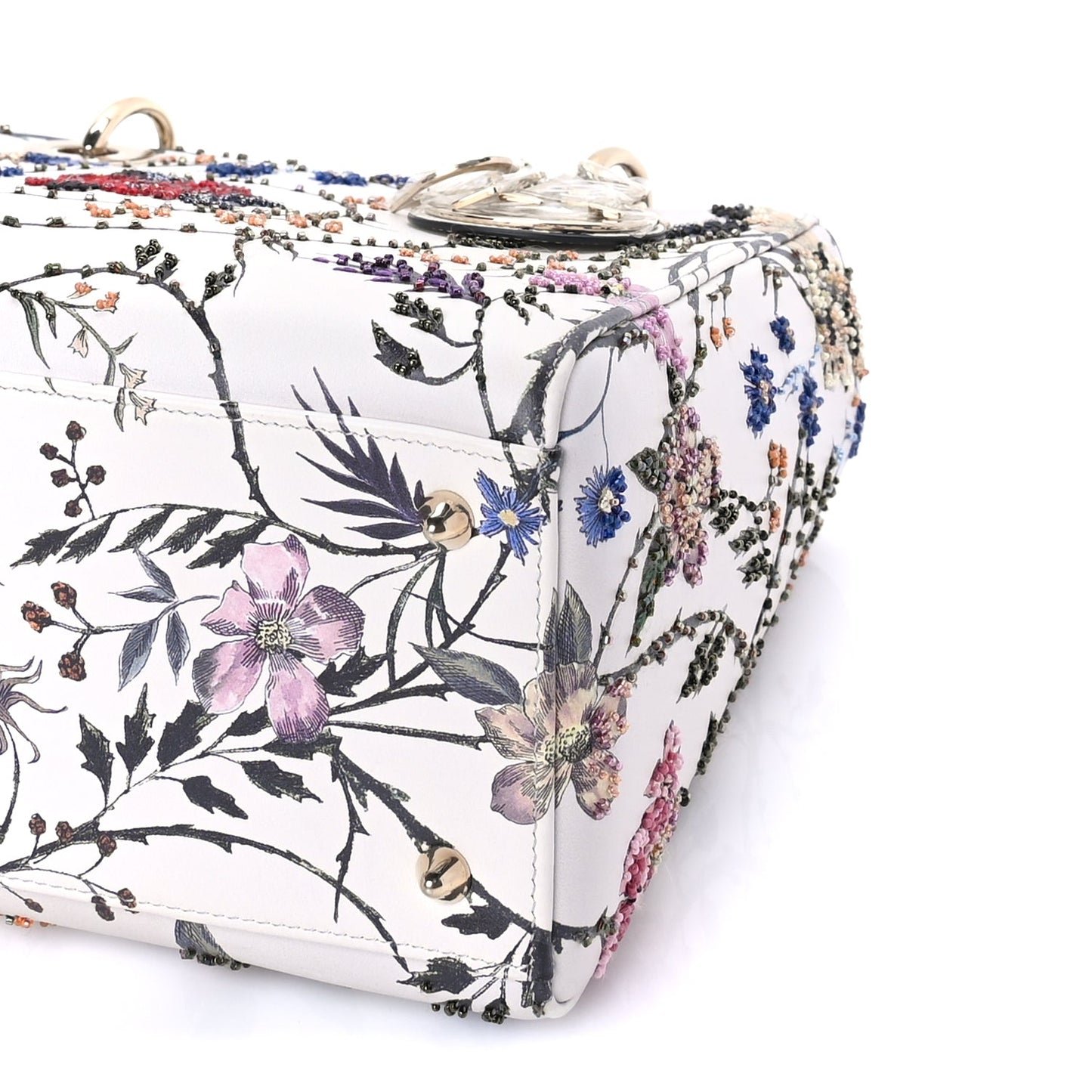 Christian Dior Calfskin Rosa Mutabilis Embroidered Medium Lady Dior White Multicolor