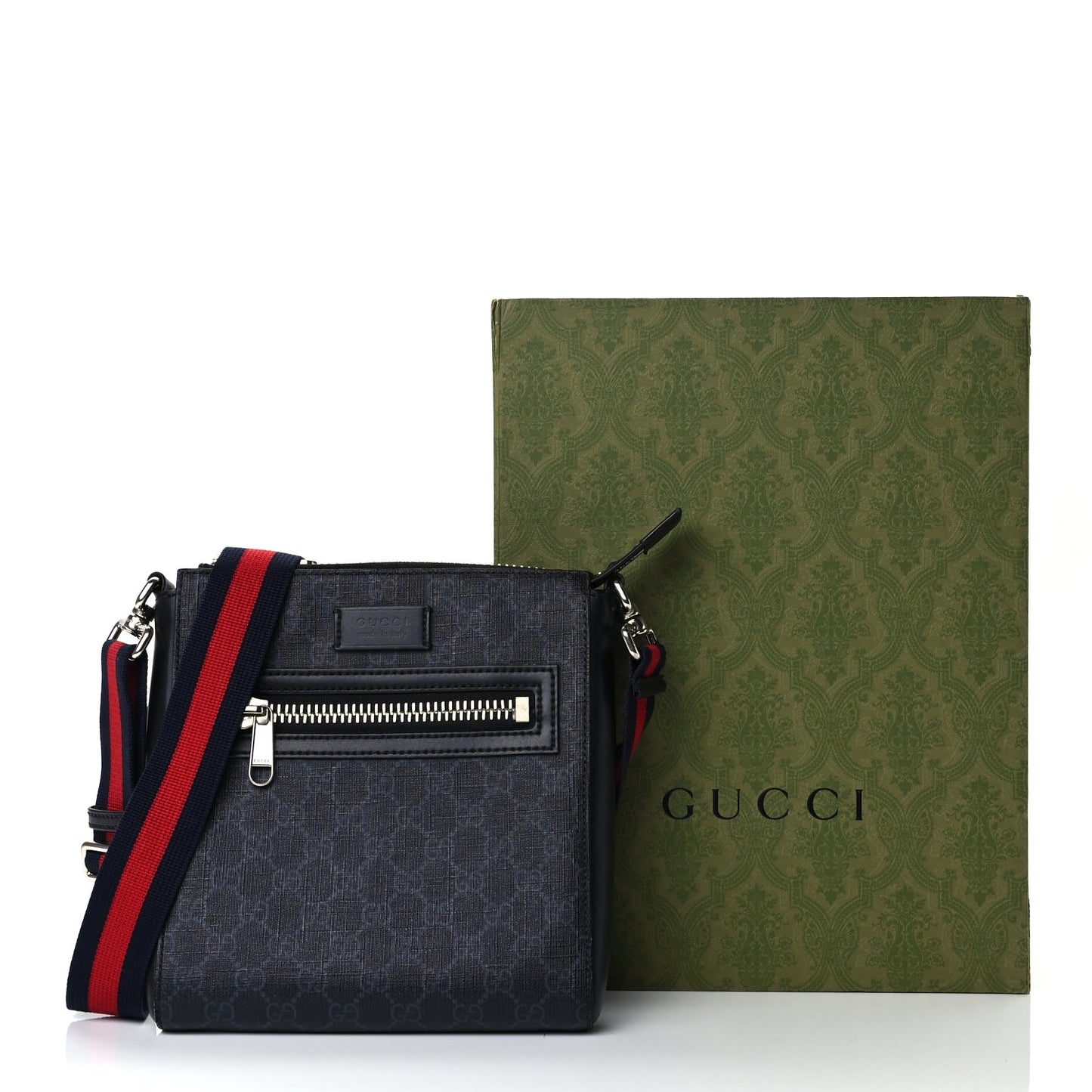 Gucci GG Supreme Monogram Web Small Flat Messenger Bag Black Grey