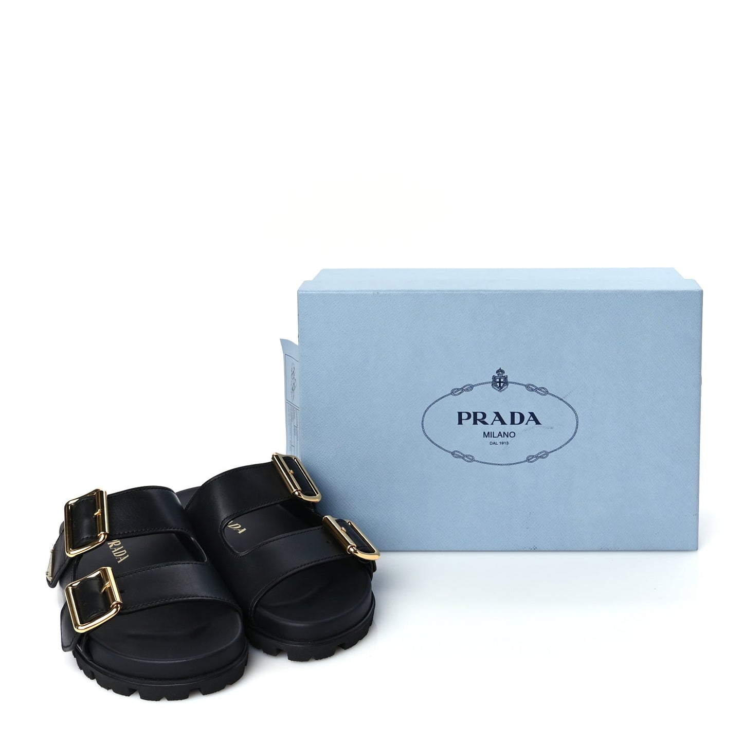 Prada Vitello Sport Metal Triangle Logo Womens Double Buckle 20mm Slide Sandals Black