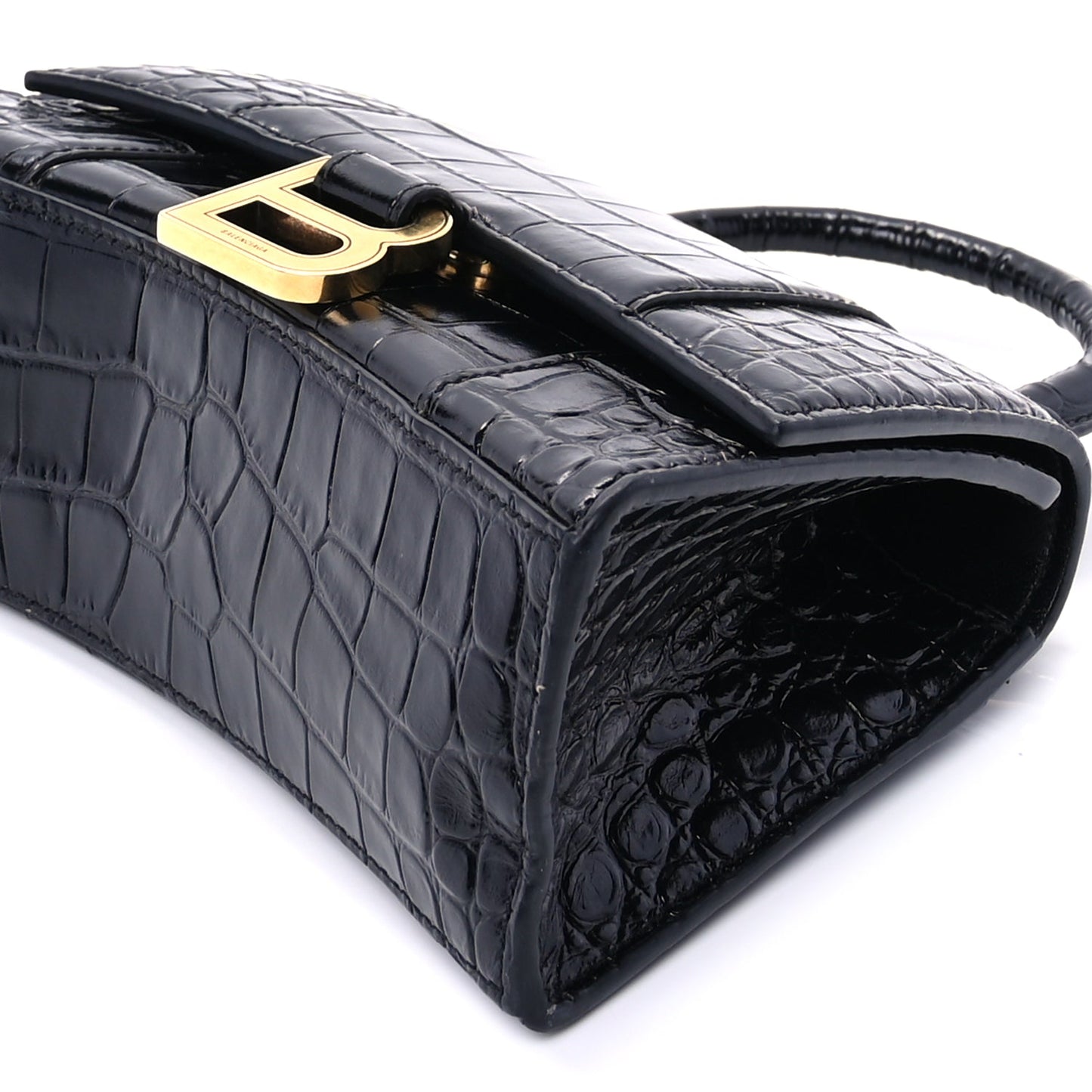 Balenciaga Shiny Calfskin Crocodile Embossed Hourglass Top Handle Bag XS Black