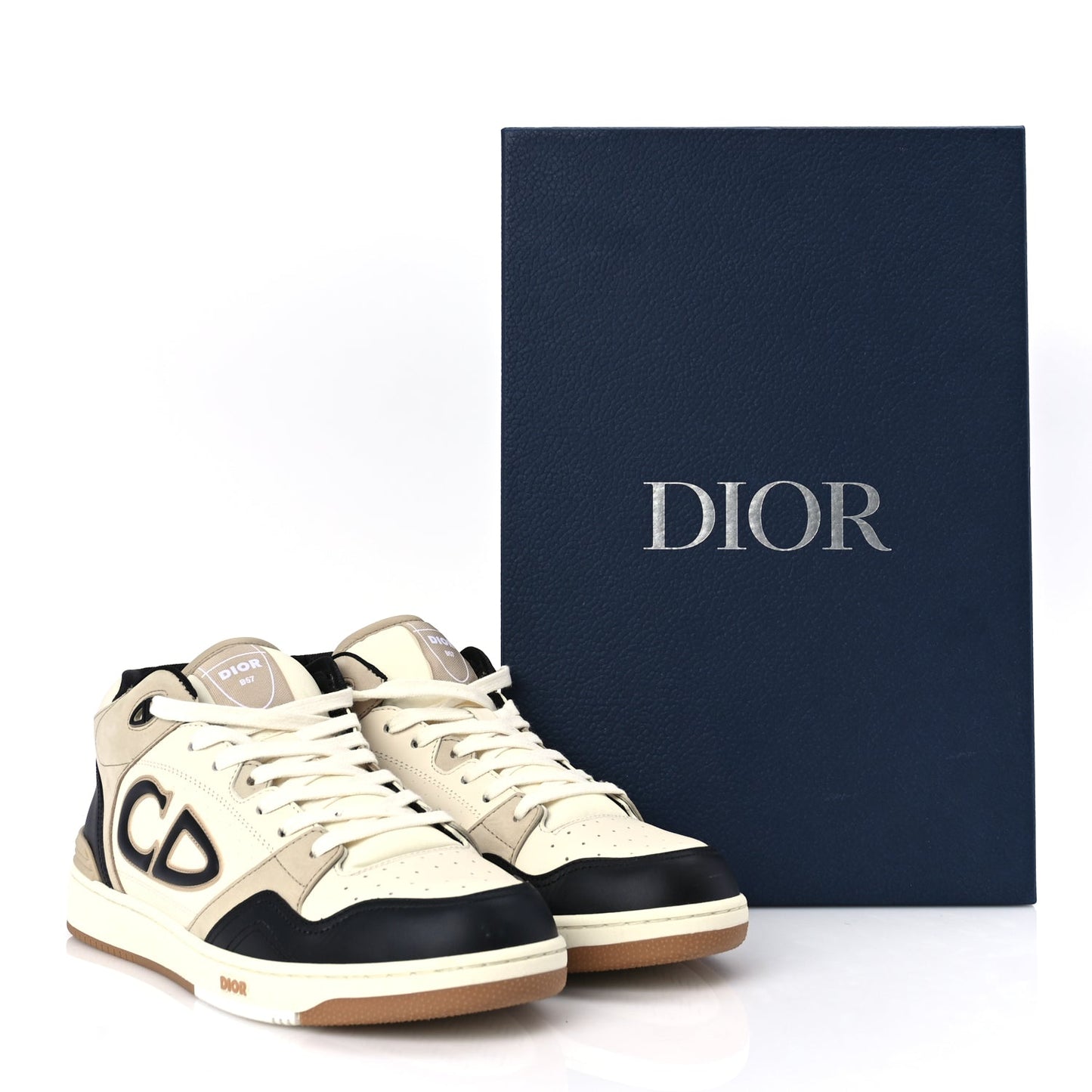 Christian Dior Smooth Calfskin Mens B57 Dribble Mid Top Sneaker 43 Beige Black