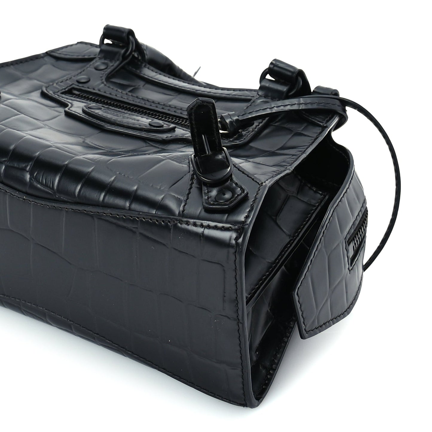 Balenciaga Semi Shiny Calfskin Crocodile Embossed Neo Classic Black Hardware Mini City Black