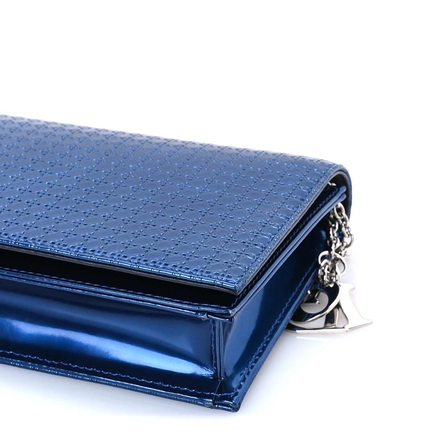 Christian Dior Metallic Patent Micro-Cannage Lady Dior Croisiere Chain Clutch Blue