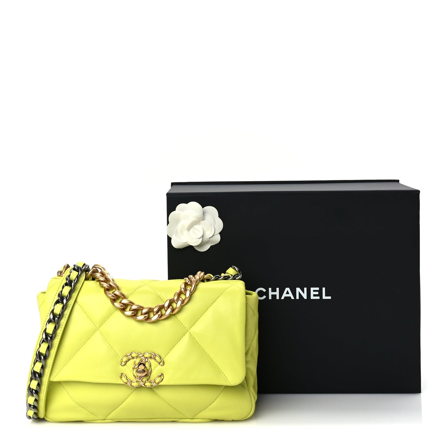 Chanel Shiny Lambskin Quilted Medium Chanel 19 Flap Neon Yellow