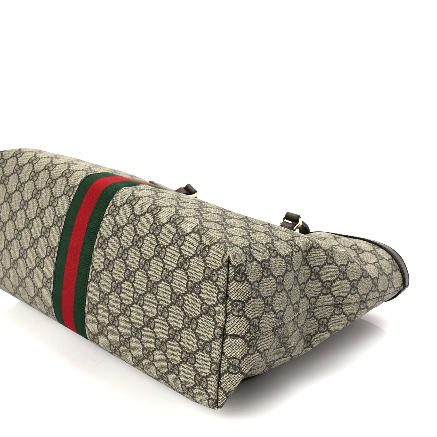 Gucci GG Supreme Monogram Textured Calfskin Web Medium Ophidia Shopping Tote Beige Ebony New Acero