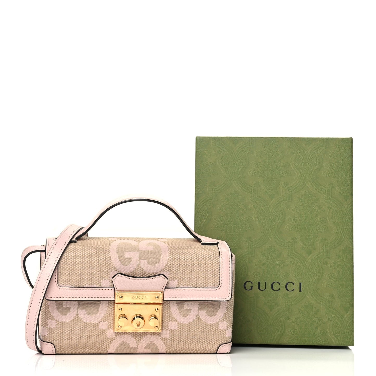 Gucci Monogram Jumbo GG Textured Dollar Calfskin Mini Padlock Top Handle Shoulder Bag Beige Perfect Pink