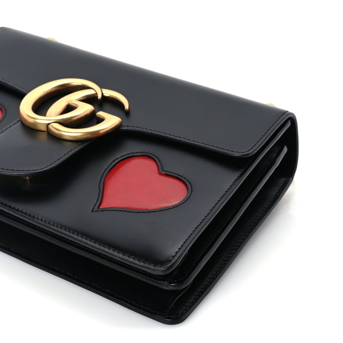Gucci Knight Calfskin Malaga Kid Heart Medium GG Marmont Chain Handle Bag Black Hibiscus Red Multicolor