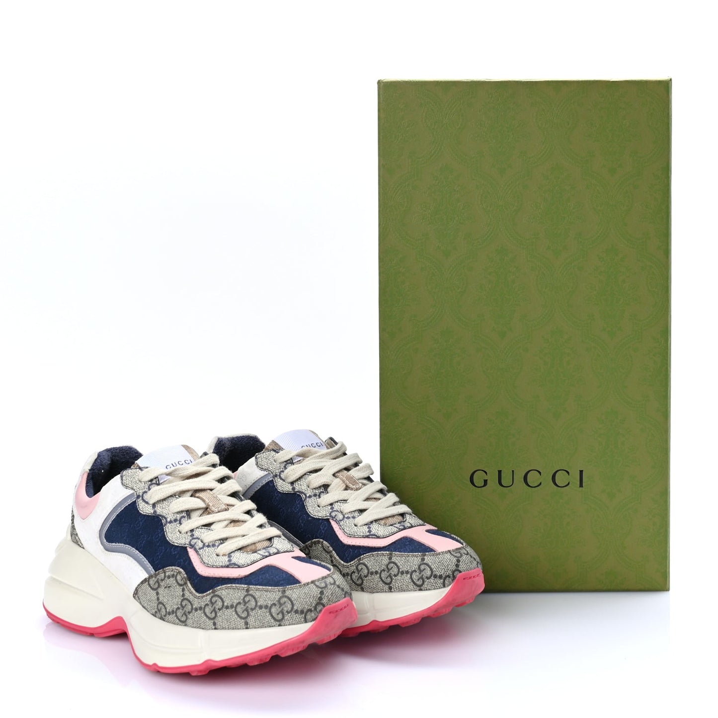 Gucci GG Supreme Monogram Mix Monogram Womens Rhyton Sneakers London Blue Beige Pale Pink