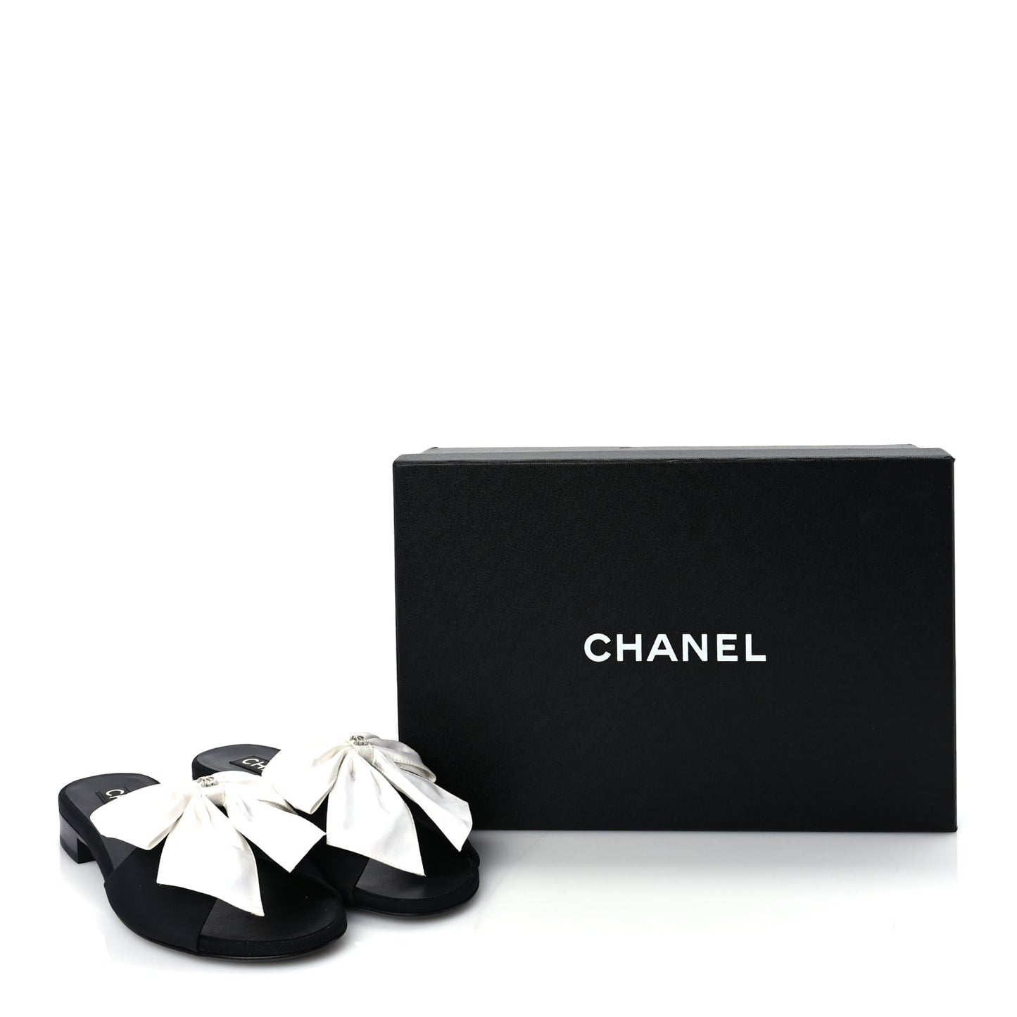 Chanel Silk Bow CC Mules 37 Black White