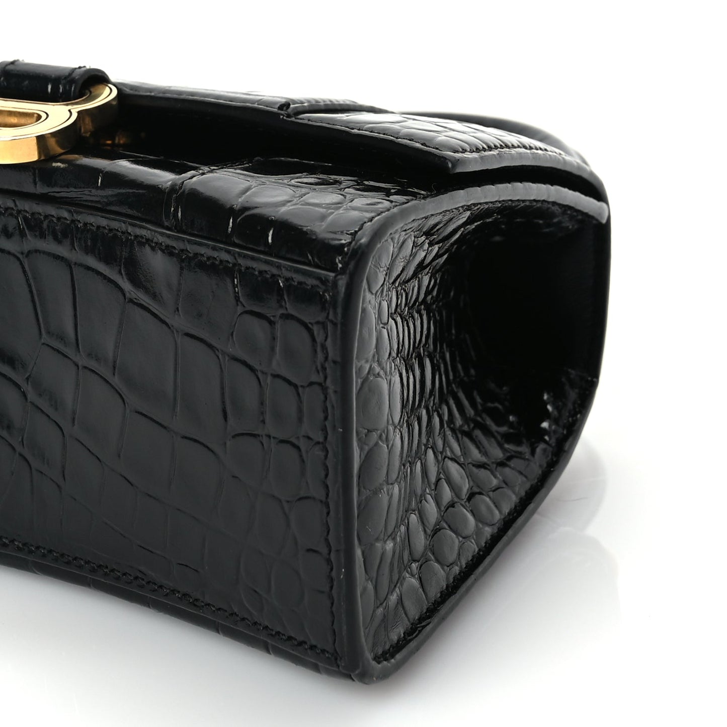 Balenciaga Shiny Calfskin Crocodile Embossed Hourglass Top Handle Bag XS Black
