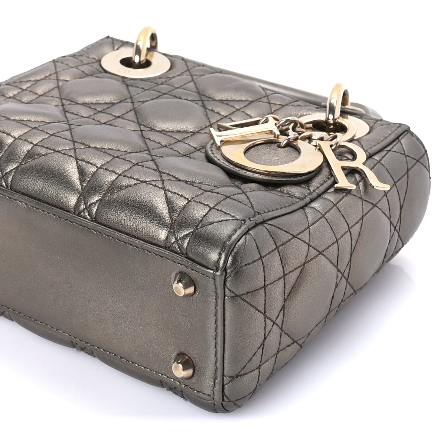 Christian Dior Metallic Lambskin Cannage Mini Lady Dior Dark Grey