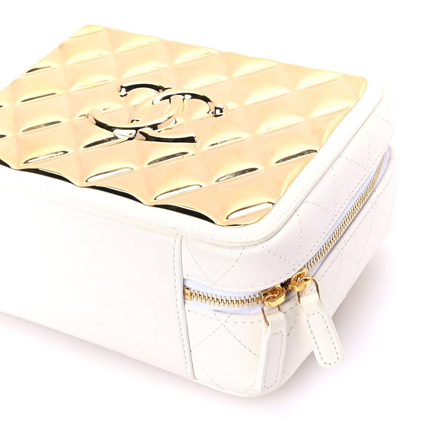 Chanel Lambskin Quilted Golden Plate Vanity Case White Gold