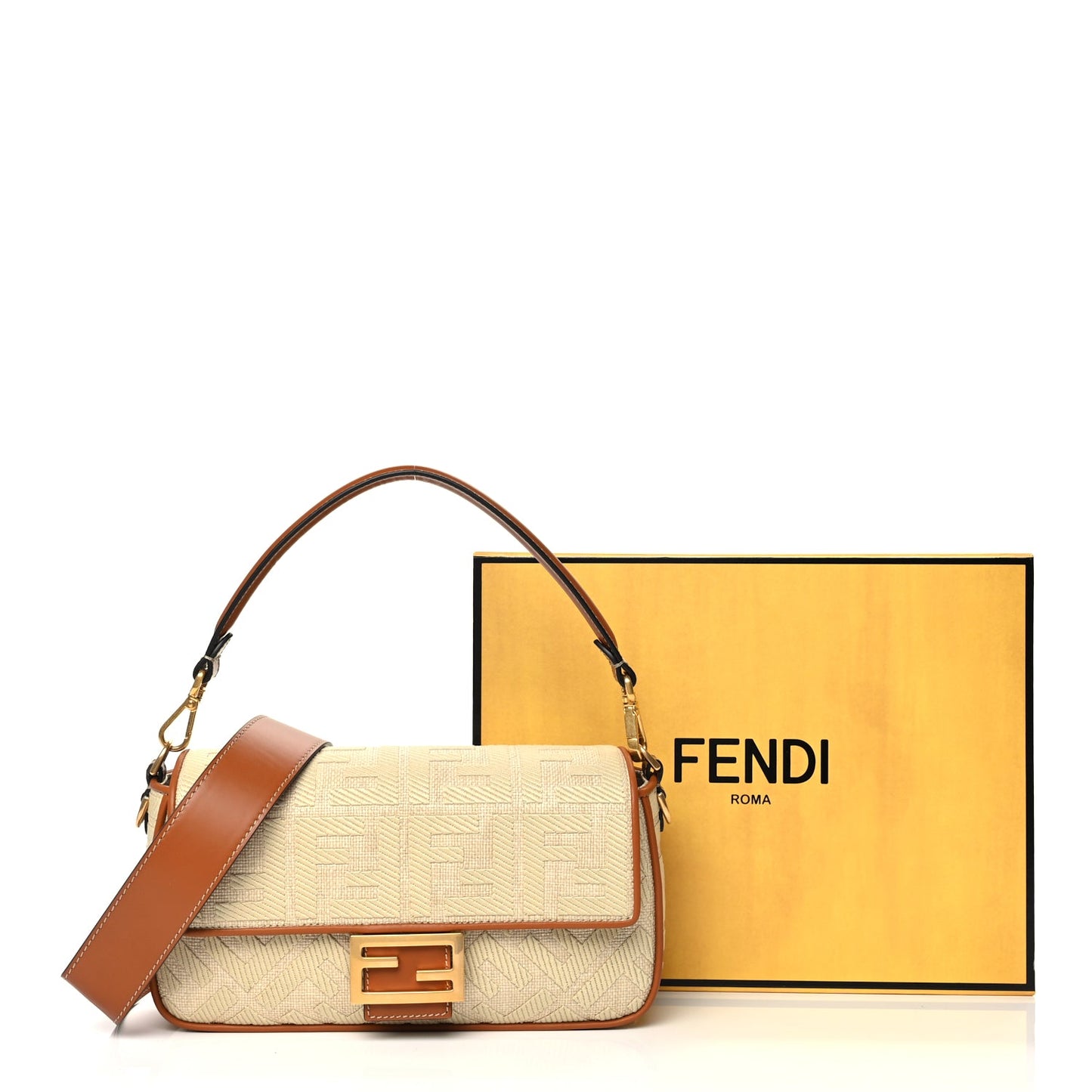 Fendi Raffia Vitello King Lucido FF Embroidered Baguette Alchemy Brandy