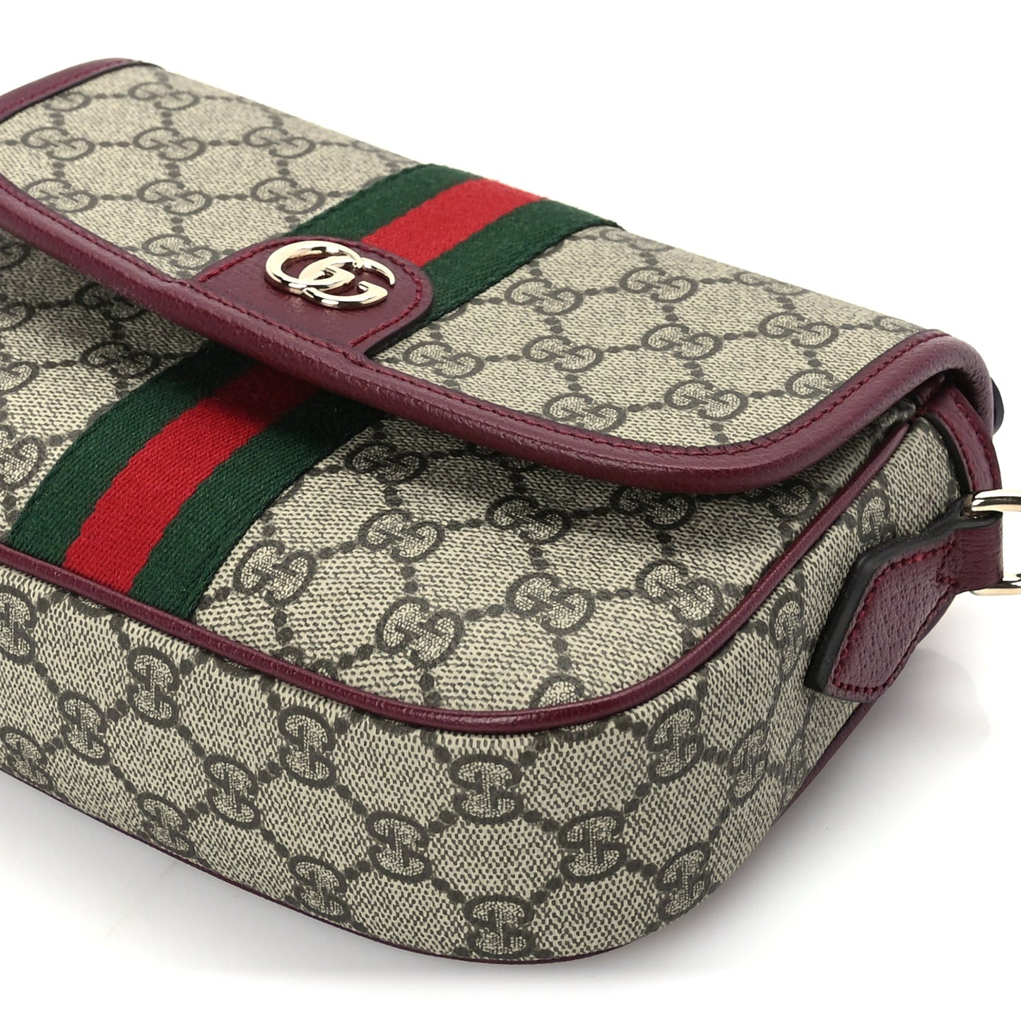 Gucci GG Supreme Monogram Textured Dollar Calfskin Small Ophidia Top Handle Shoulder Bag Beige Bordeaux