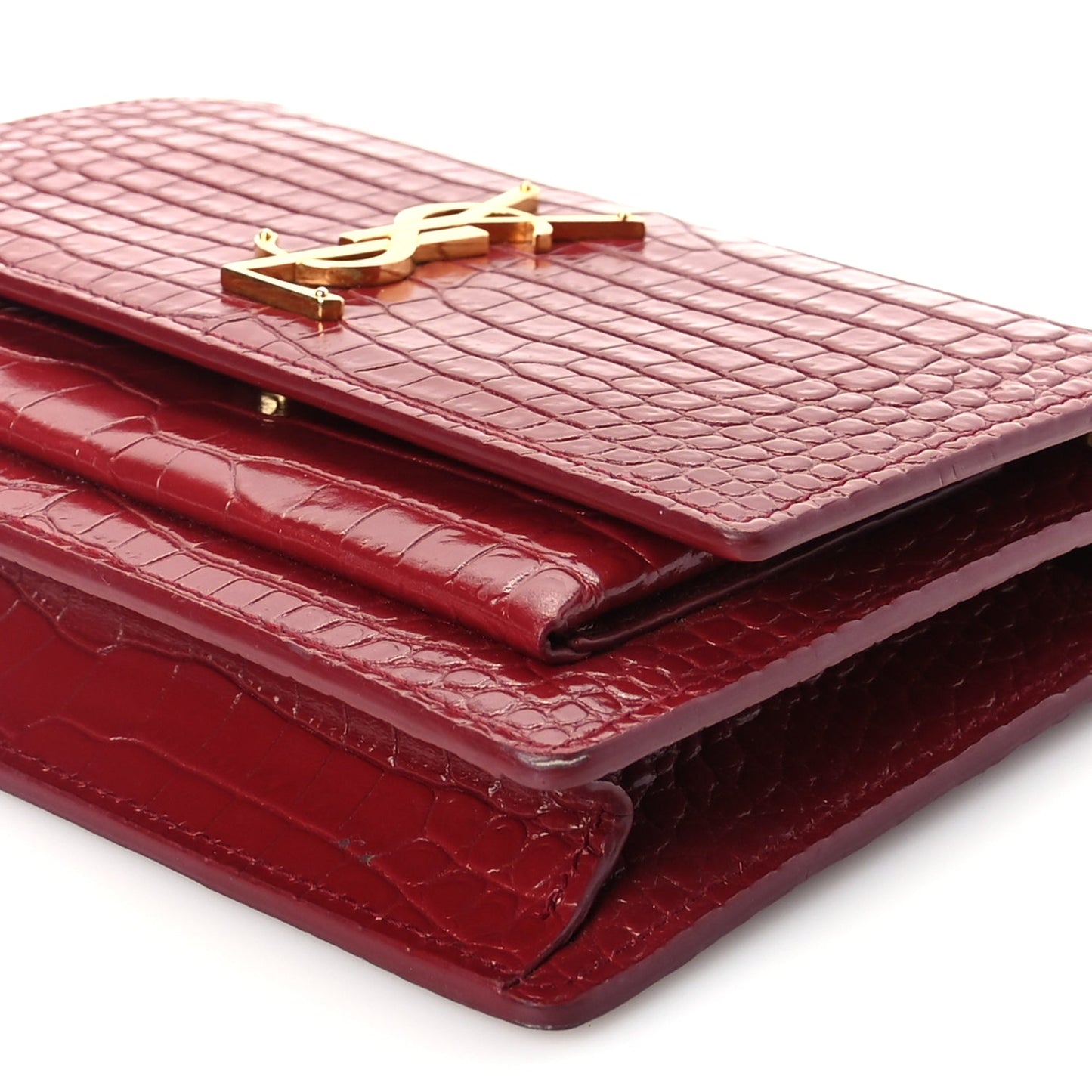 Saint Laurent Calfskin Crocodile Embossed Monogram Sunset Top Handle Chain Wallet Rouge Legion