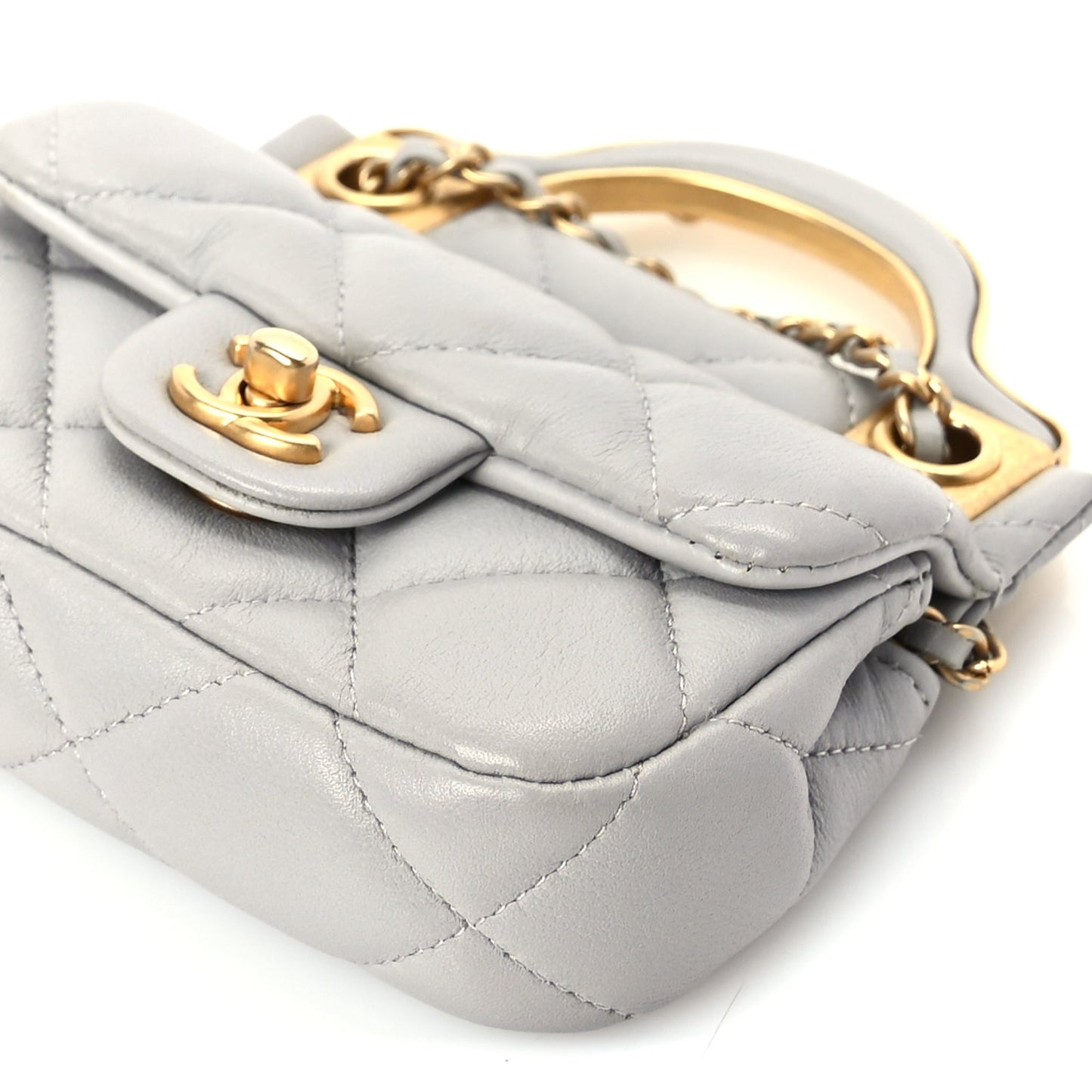 Chanel Calfskin Quilted Lady Handle Flap Card Holder With Chain Grey