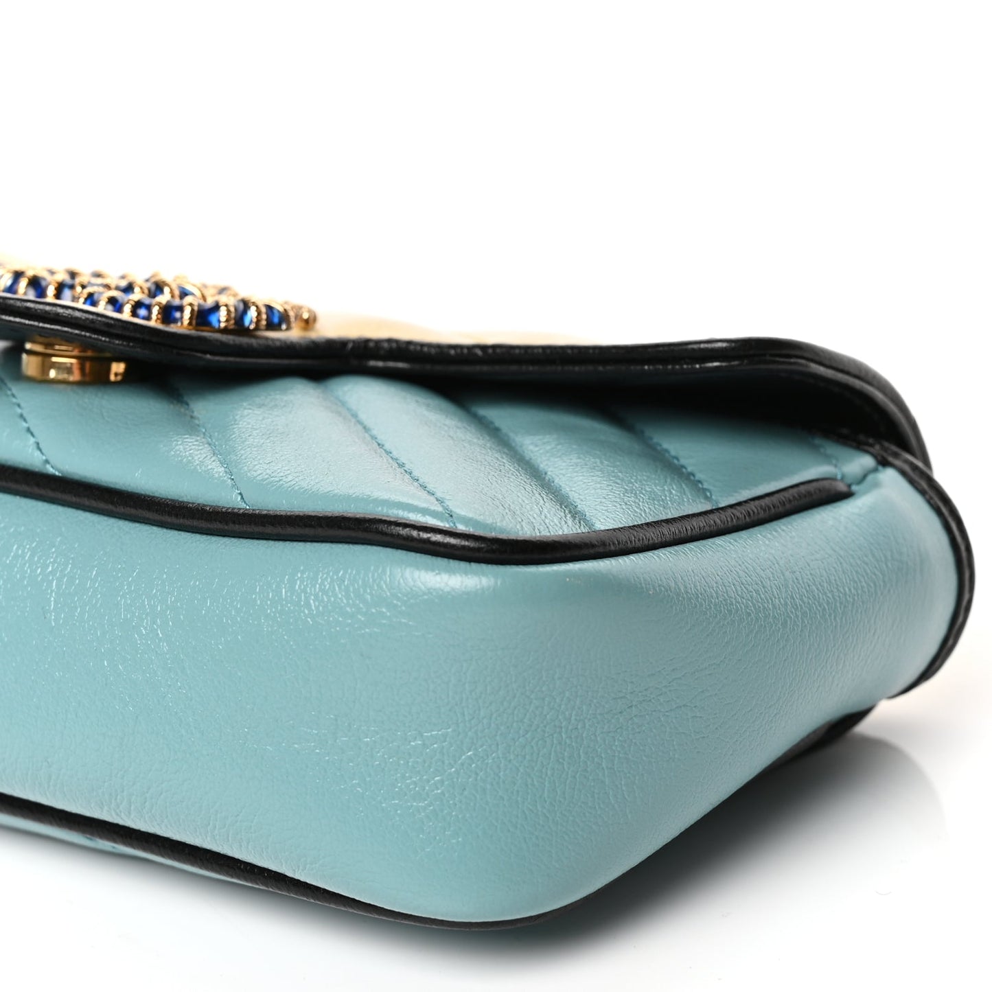Gucci Azalea Calfskin Enamel Matelasse Diagonal Super Mini Torchon GG Marmont Shoulder Bag Butter Dusty Azure Black Electric Blue
